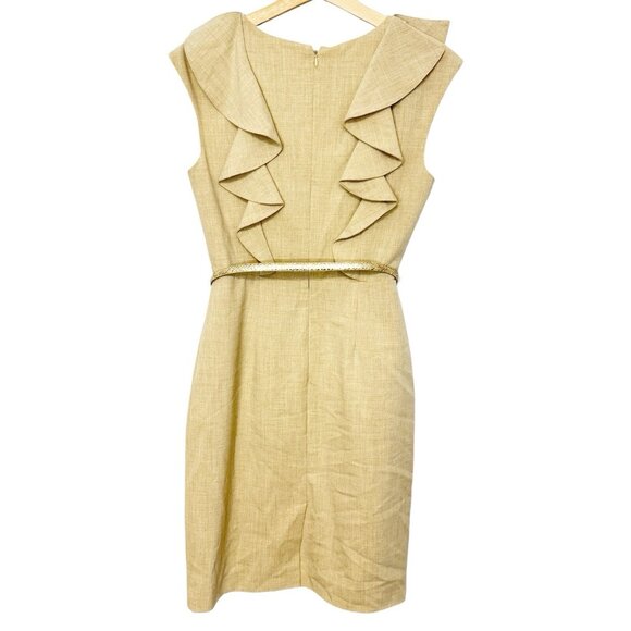 Calvin Klein Pencil Dress Beige Ruffles Sleeveless Gold Belted Preppy Corpcore 4 - Picture 3 of 10